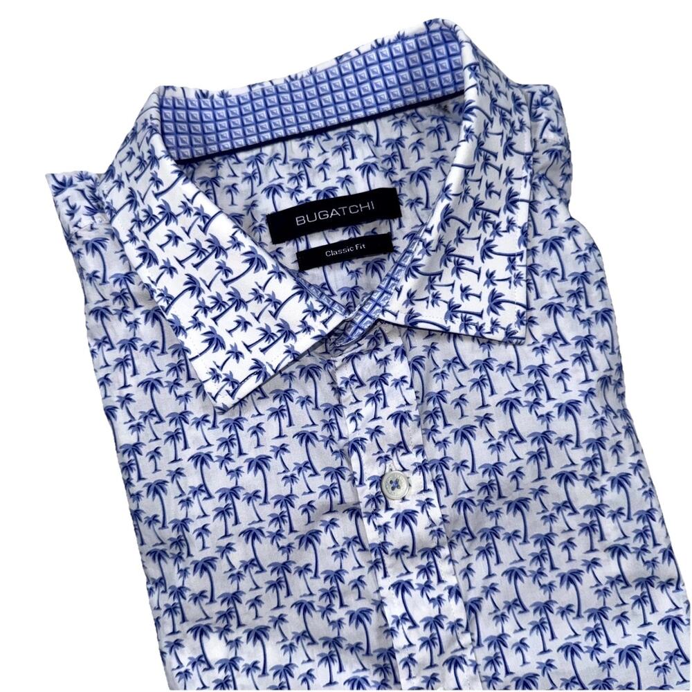 Bugatchi Shirt Men XL? 50" Chest White Blue Palm Tree Graphic Classic Fit Beachy